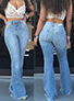 Women's Distressed Bellbottom Jeans - Four Pockets / Front Zipper